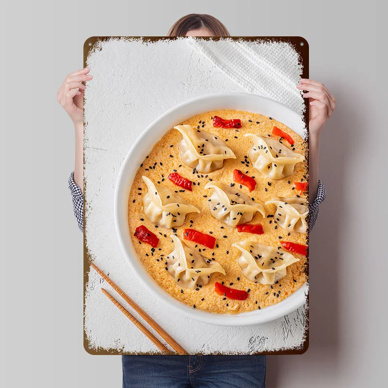 Dumplings in Sauce With Red Peppers Poster Customized Vintage Metal Signs Wall Art Retro Tin Plaque for Room Accessories House