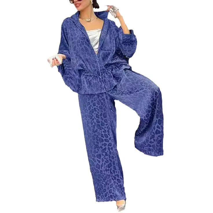 Leopard Print Women's Pajama Set Long Sleeve Spring Autumn Ladies Sleepwear 2 Pcs with Pant Zipper Loose Loungewear for Female
