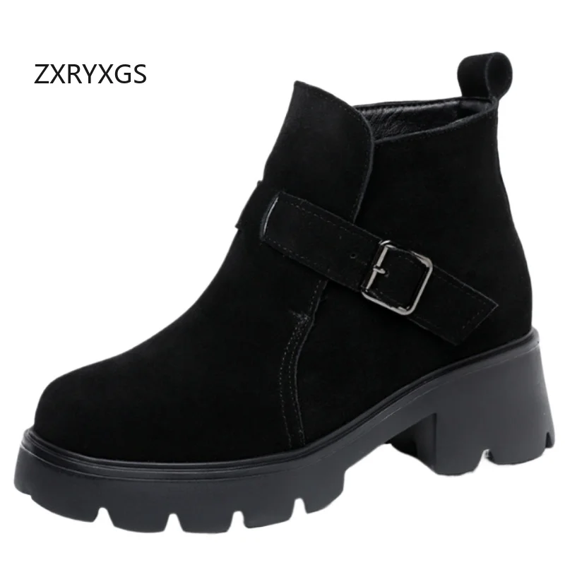 

ZXRYXGS Premium Matte Cowhide Leather Boots 2025 British Style Autumn Winter Boots Thick Sole High Heel Boots Women Shoes Tide
