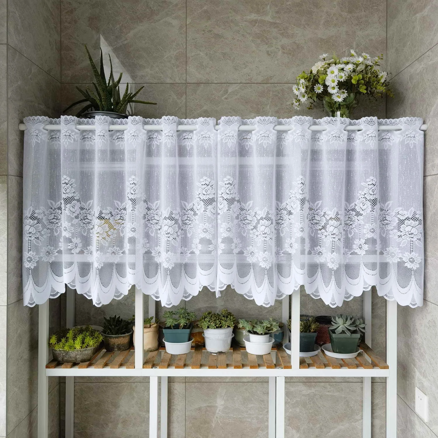 

White Lace Sheer Curtains Long Scalloped Bottom Kitchen Short Curtain Valance Window Treatment for Bedroom Living Room Cabinet