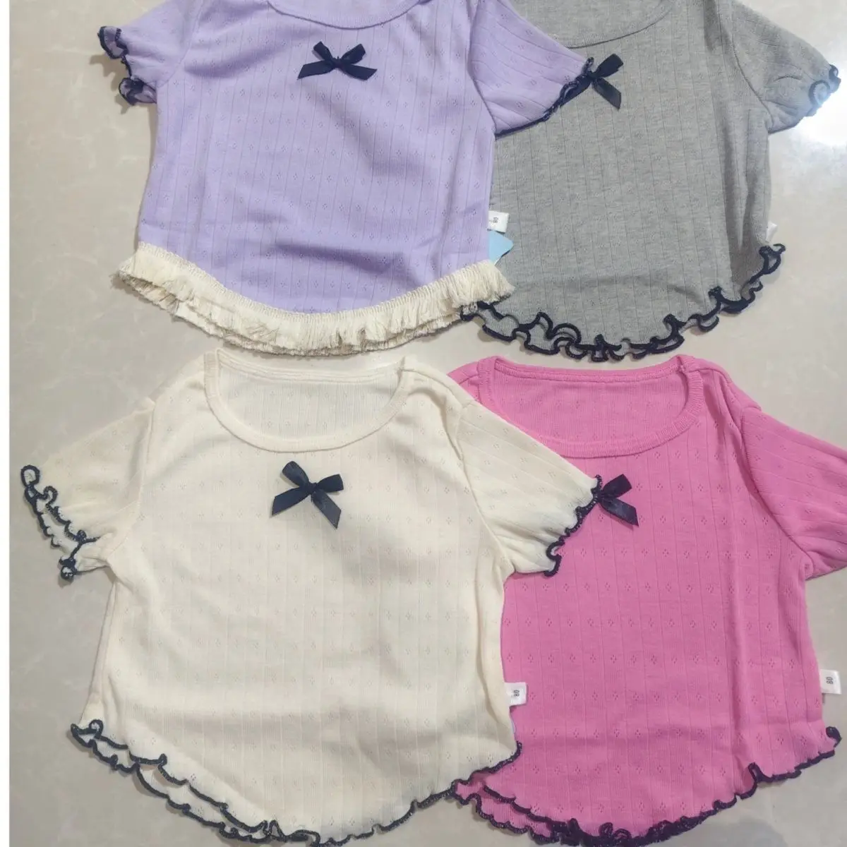2026 Girls Korean Ruffle Short Sleeve Casual Stylish Top Bow T Shirt Fashion Small Size Tassel Top