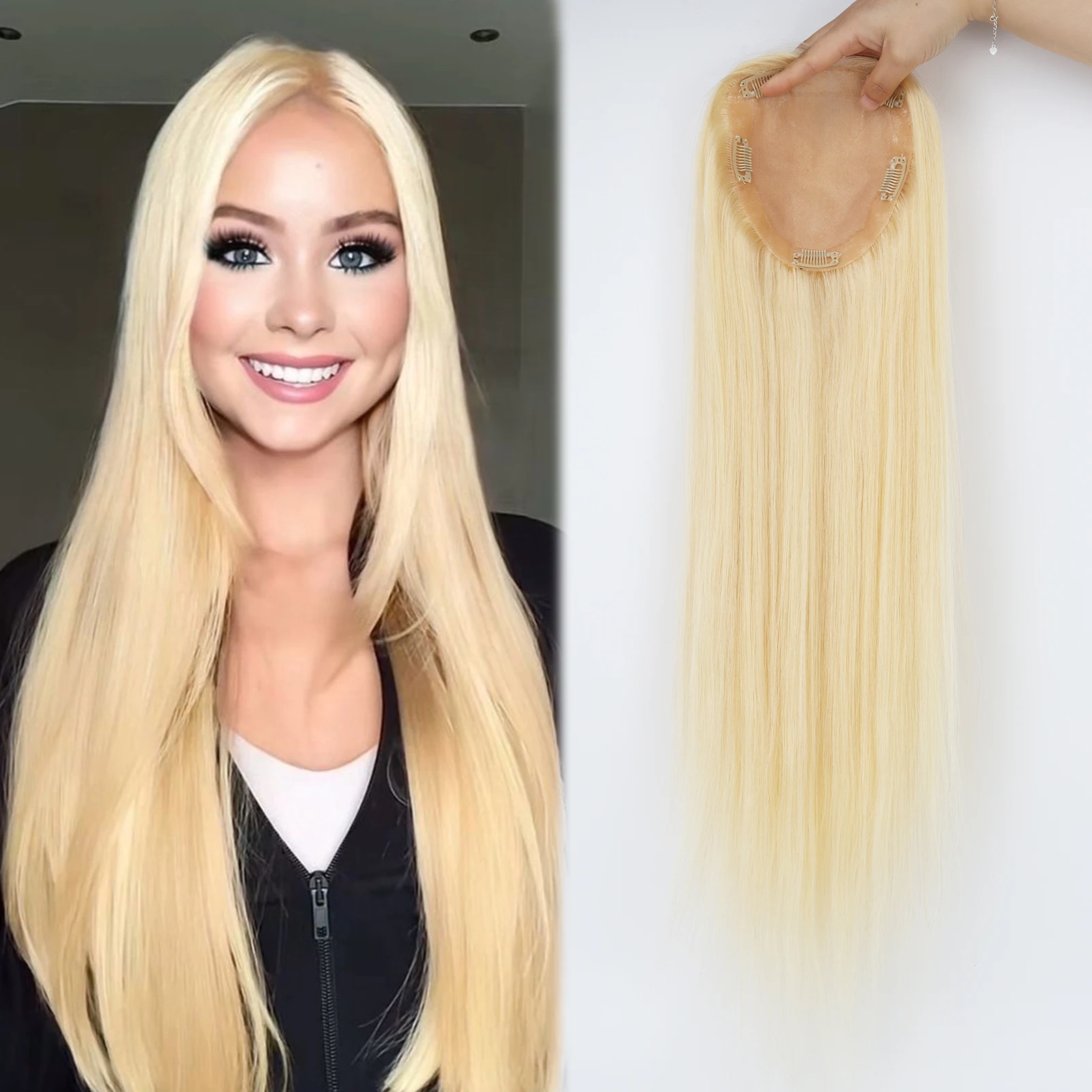 15x16 سنتيمتر الحرير العلوي توبر مع مقاطع في 22 بوصة شعر بشري ريمي حقيقي الشعر المستعار للنساء # 613 جلد حريري أشقر فاتح لفروة الرأس الطبيعية #1