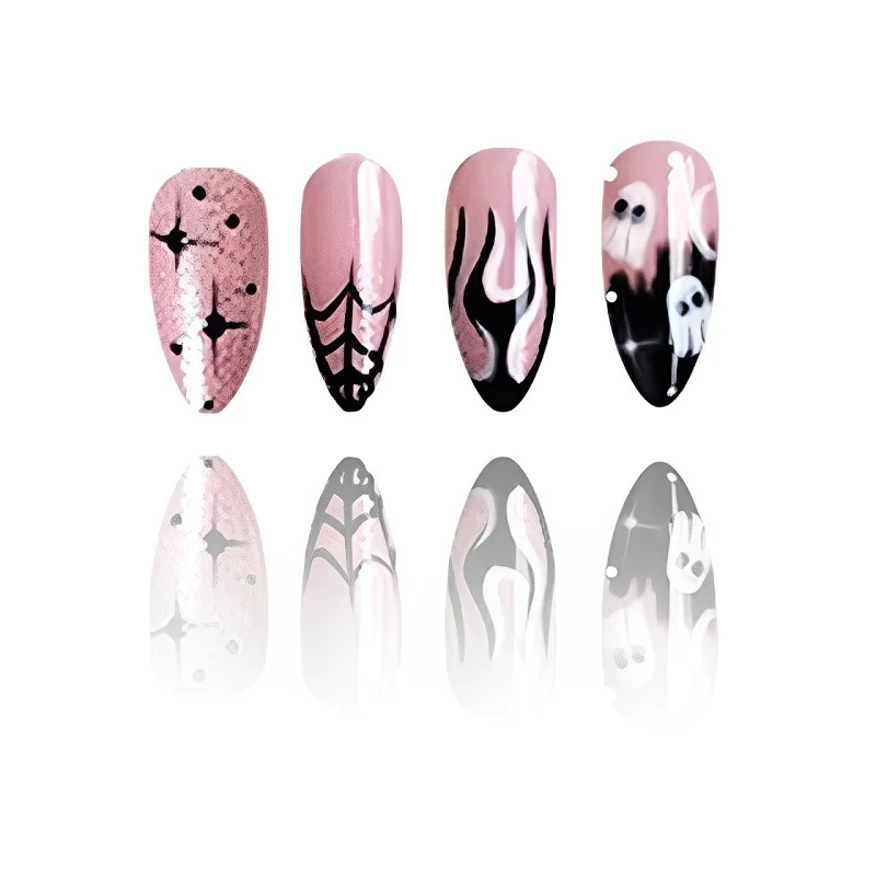 24Pcs Almond Halloween Press on Nails Full Cover French Fake Nails Cartoon Bat Spider Pattern Wearable Nails Art  Manicure Tips