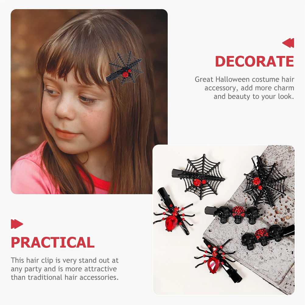 

6pcs Funny Halloween Spider Skull Hair Accessories Rhinestone Zinc Clips Barrettes Costumes Women Girls Kids Party