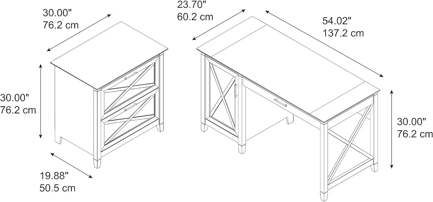 Key West 54w Computer tisch mit Stauraum und seitlichem Akten schrank mit 2 Schubladen aus reiner weißer Eiche