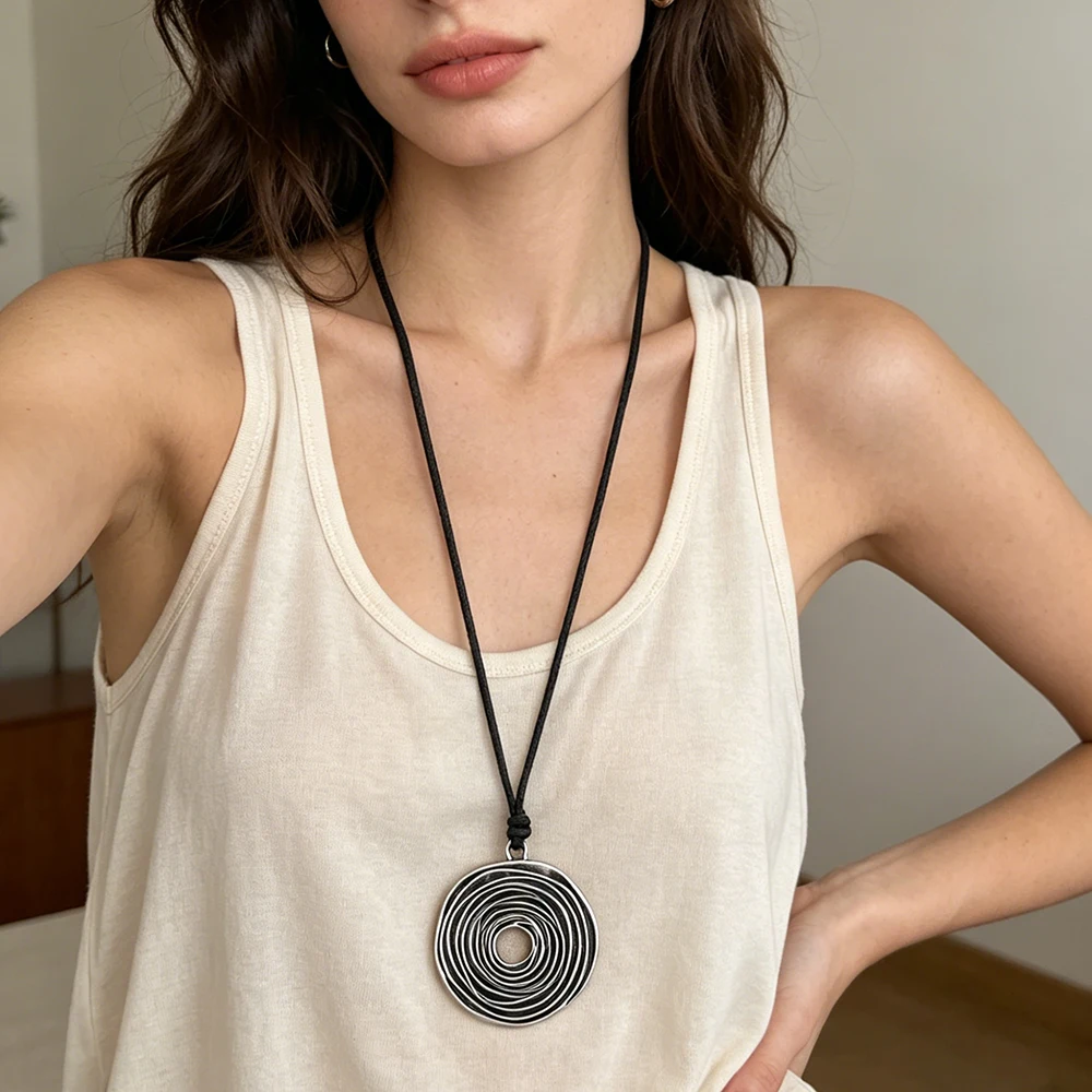 Bohemian Style Spiral Vortex Round Pendant On 90cm Wax Rope Chain Necklace Jewelry Suitable All Seasons Wear, 1 PC