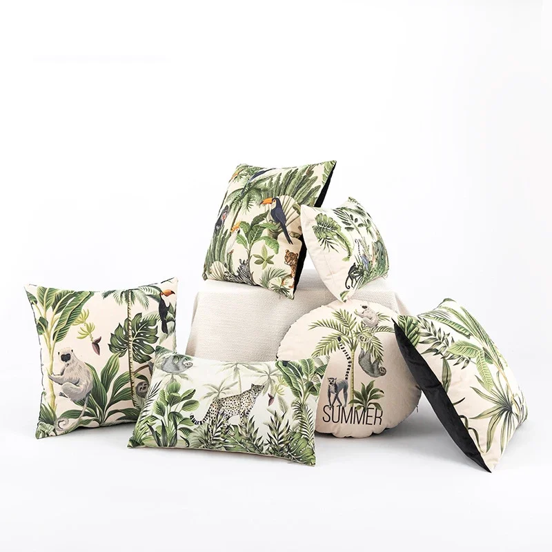2 Piece Tropical Jungle Flora Fauna Cushion Cover Velvet Cartoon Print Pillow Cover Square Round Hawaiian Home Decor for Sofa