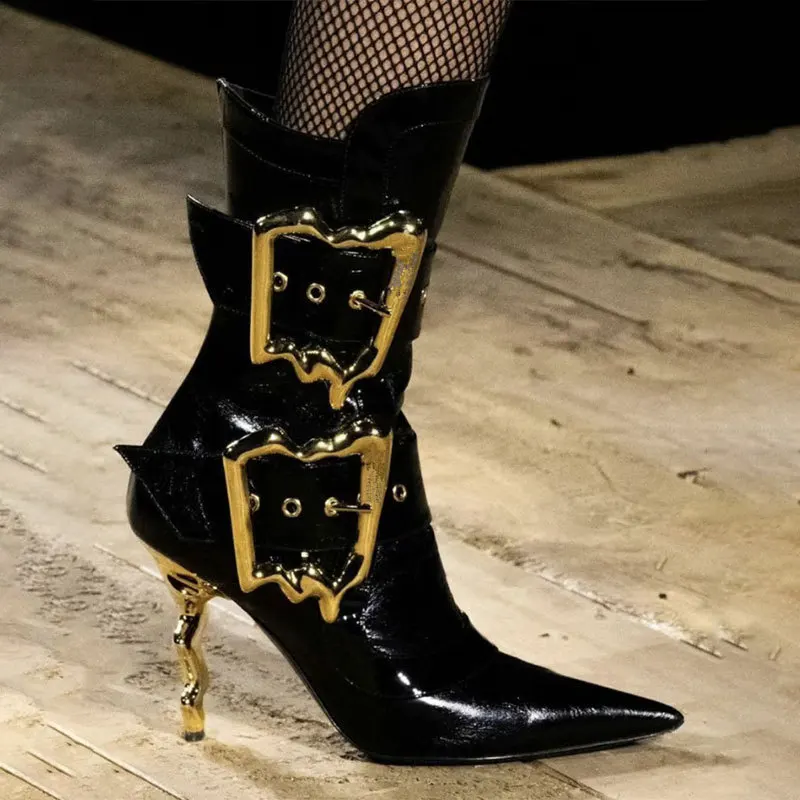 

Fashion Patent Leather Strange High Heel Mid-calf Boots Lady Design Buckle Pointed Toe Sexy Boots Women Zip Shoes Show Fall 2024