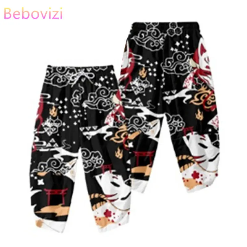 

Men Samurai Baggy Pants Kimono Elastic Waist Asian Cosplay Trousers Japanese Print Black Pocket Ankle Length Pants