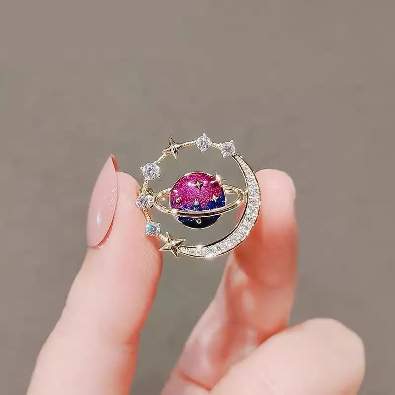 New Star Sky Rhinestone Earth Brooch Pins Fashion Enamel Full Zircon Deco Space Planet Badge Lapel Pin Kids Astronaut Gifts