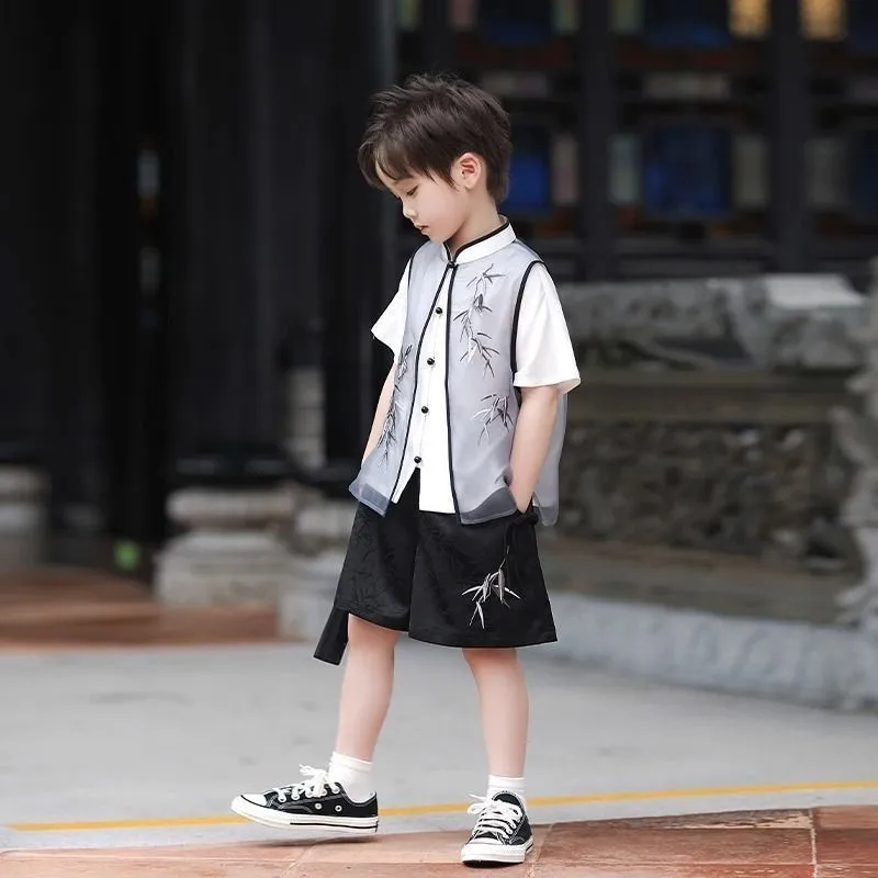 2026 New Boys' Summer Chinese Ancient Hanfu Set Children's Tang Costume Ancient Children's Short Top Pants 2-Piece Set LJ713