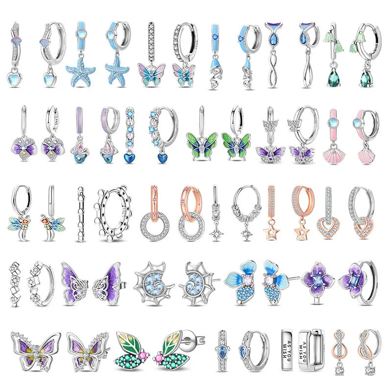 Pendientes de Plata de Ley 925 con Diseño de Concha Azul, Sirena, Estrella de Mar, Tortuga Marina y Luciérnaga, Elegantes y Delicados