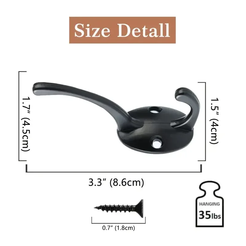 4Pcs Black Metal Coat Hook, Wall Mounted Retro Dual Hanging ,Utility Accessories, Simple Screw Installation image 2