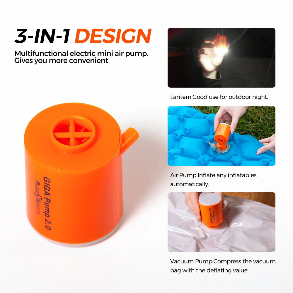 GIGA Pump 3-in-1 Mini Electric Air Pump Mattress Inflator Pump for Hiking Air Bed Inflate Deflate Vacuum Camping Pump Light Tool