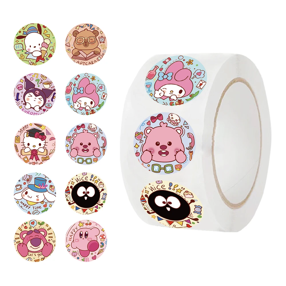 500pcs/Roll Cartoon Stickers Kawaii Kuromi Melody Diy Pvc Laptop Decals Decoration Stiker Kid Reward Gift Toy