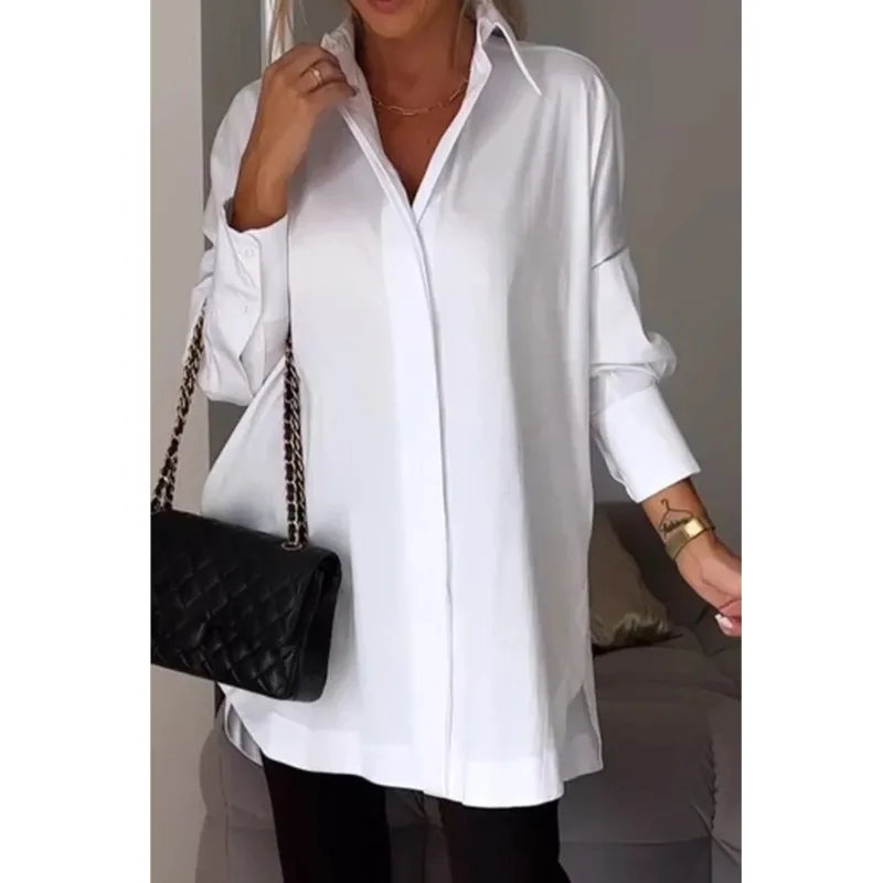 Women Fashion White Long Sleeve Shirt Spring Autumn Lapel Mid-length Side Split Casual Loose Shirts Elegant Office Lady Top