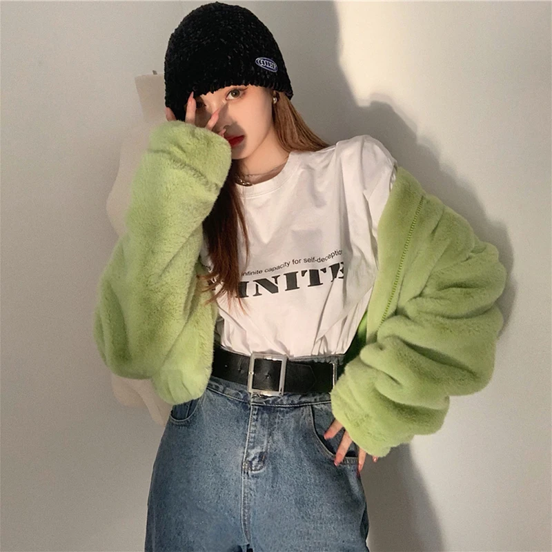 Korean Casual Plush Coat 2023new Green Short Faux Fur Coats Women Stand Collar Winter Thicken Warm Furry Jackets Woman Overcoat