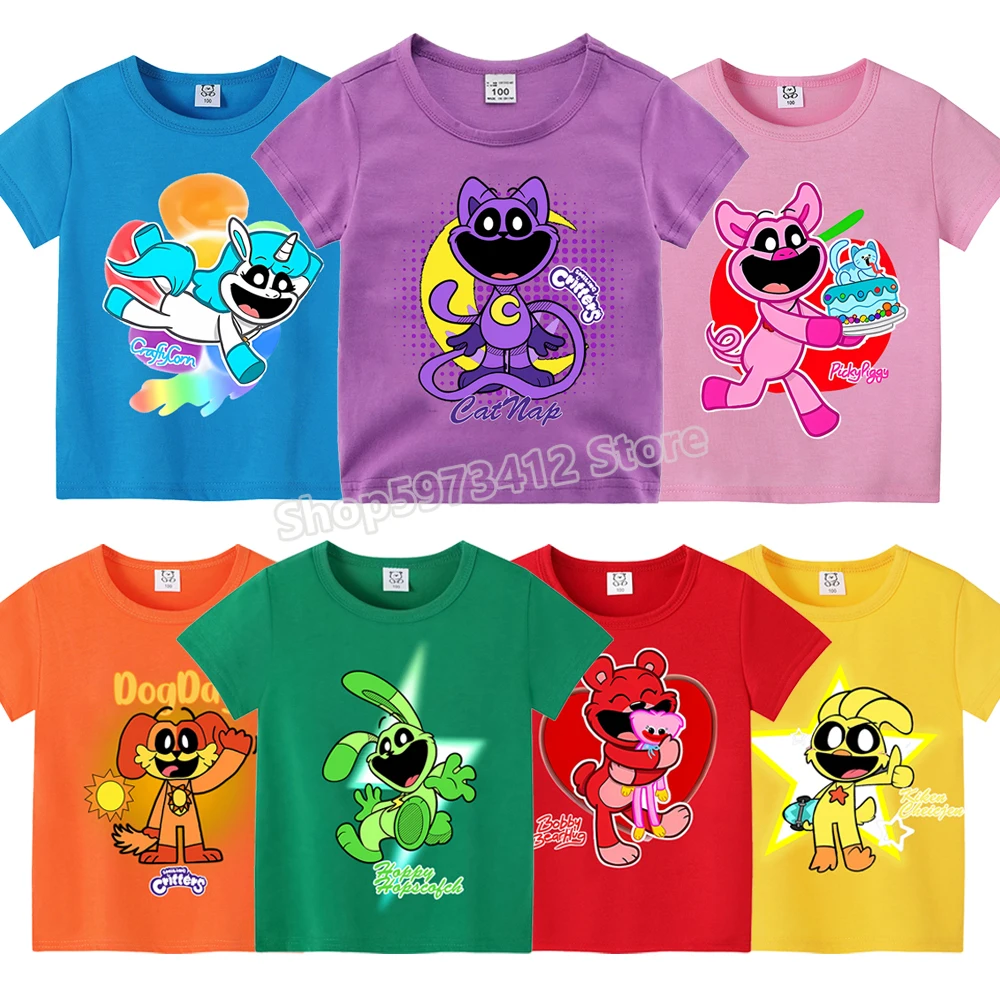 New Game Smiling Critters Tshirts Kids 2024 Summer Clothes Boys Cat Nap T-shirt Baby Girls Short Sleeve Tops Children's Clothing