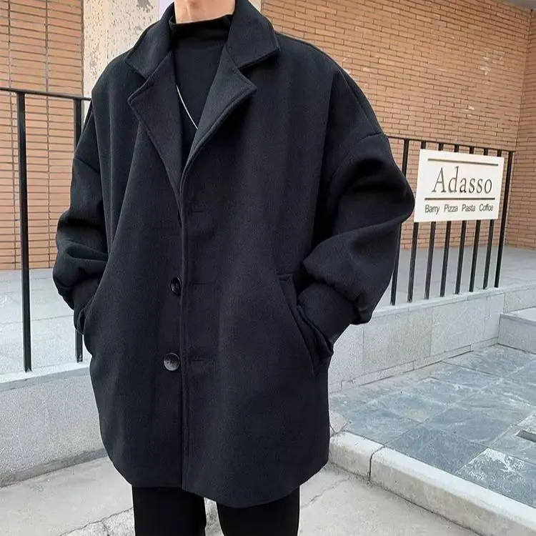 Briti Sle Korean Version Men's Woolen Coat Autumn Winter Mid-Length Loose Cotton Lined Thi Warm Bla Outerwear