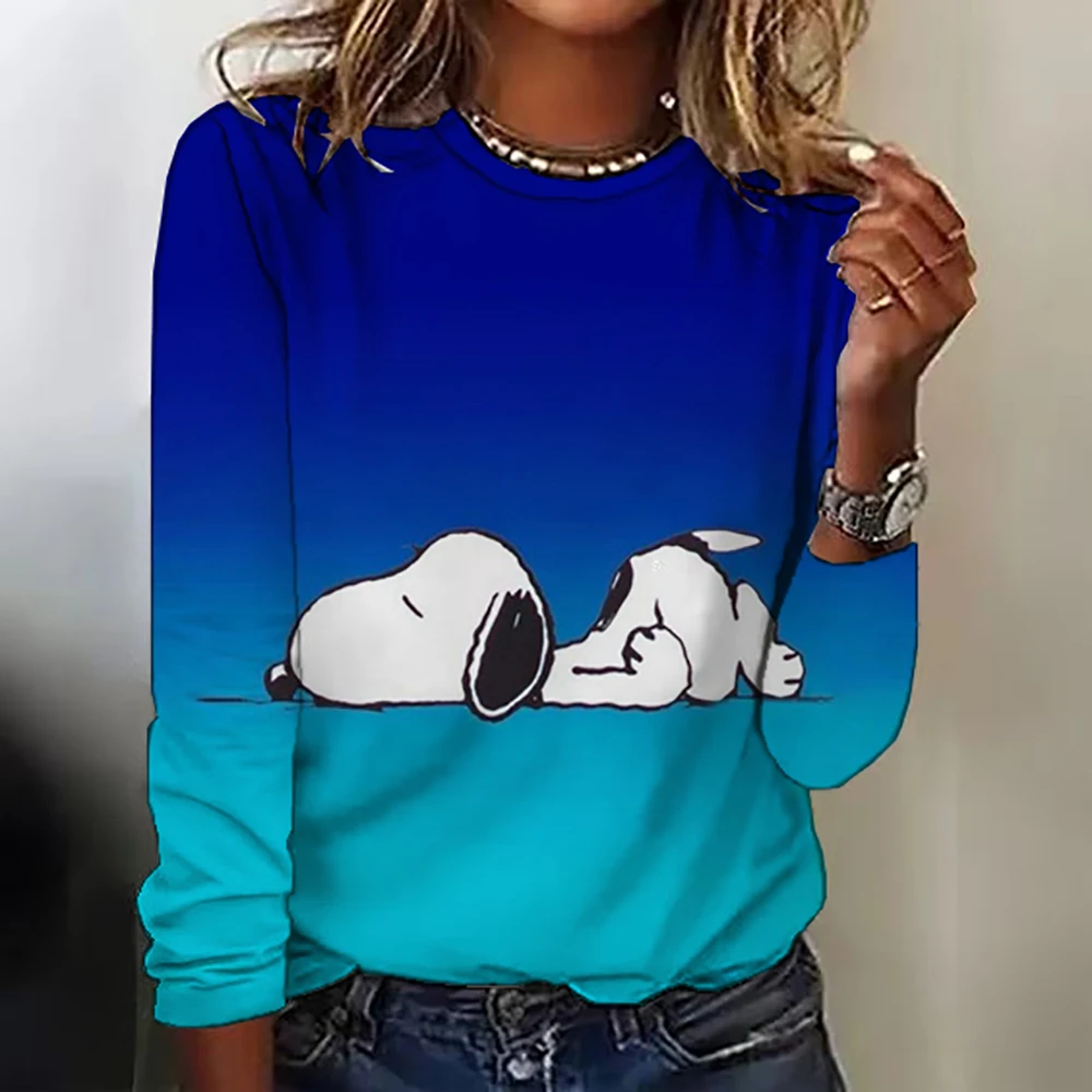 2024 Snoopy T-shirt mother and daughter Women's girl O-neck Design Autumn Long Sleeve Sexy Neckline Cartoon Pattern Print Top