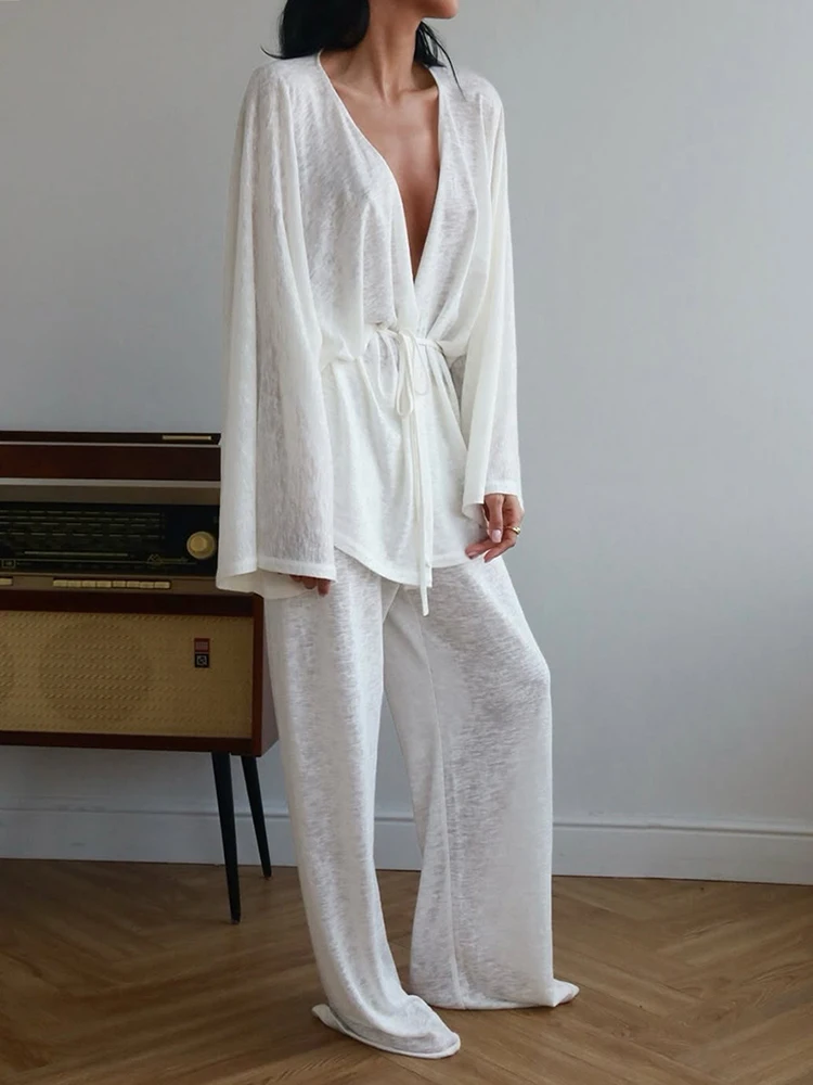 Feminino com decote em v manga comprida topo e calças conjunto de duas peças casual solto pijamas outfit outono inverno macio e confortável homewear terno