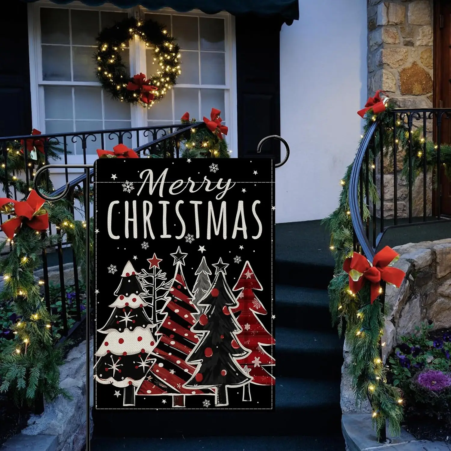 Dyrenson Frohe Weihnachten Baum dekorative Gartenflagge, schwarze Weihnachtsschneeflocke Hof draußen Heimdekoration, Winterurlaub Burl UUV