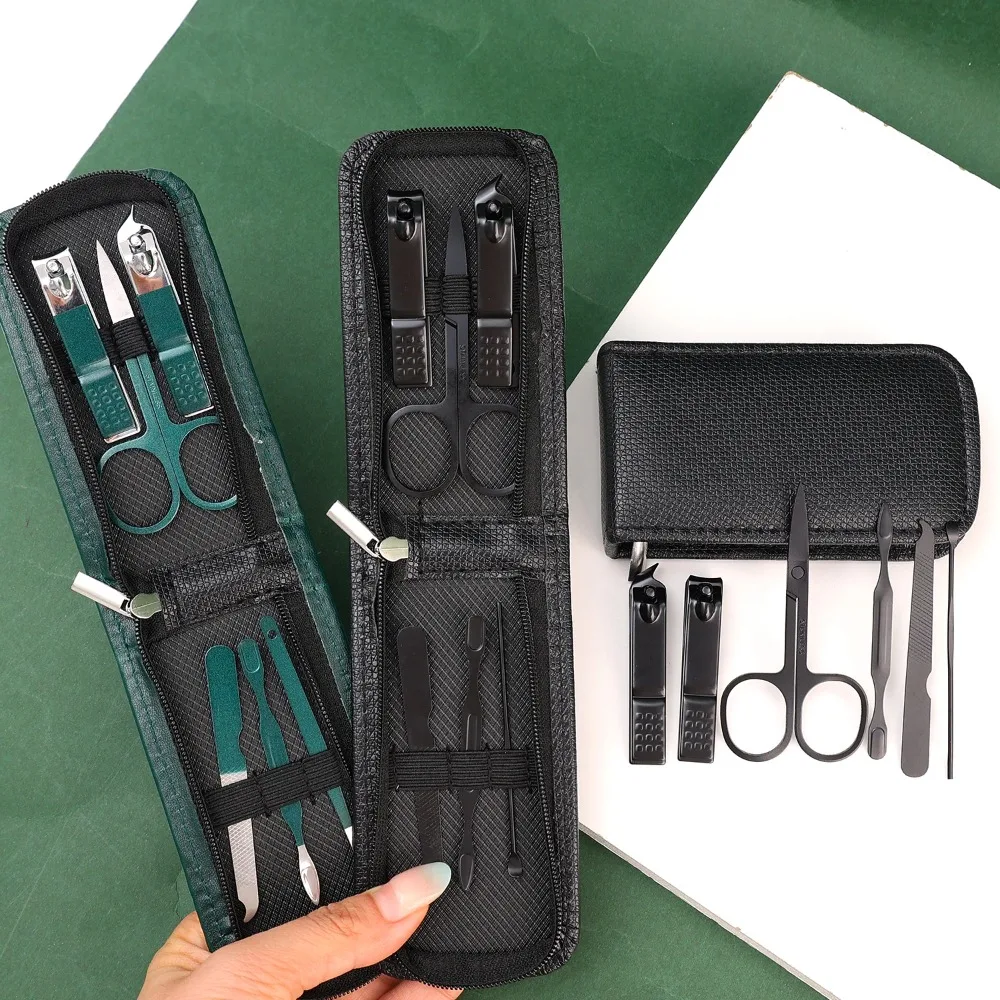 ​ Set manicure da 6 pezzi in acciaio al carbonio verde nero Kit forbici per lime per tagliaunghie portatili con custodia per viaggi a casa ​