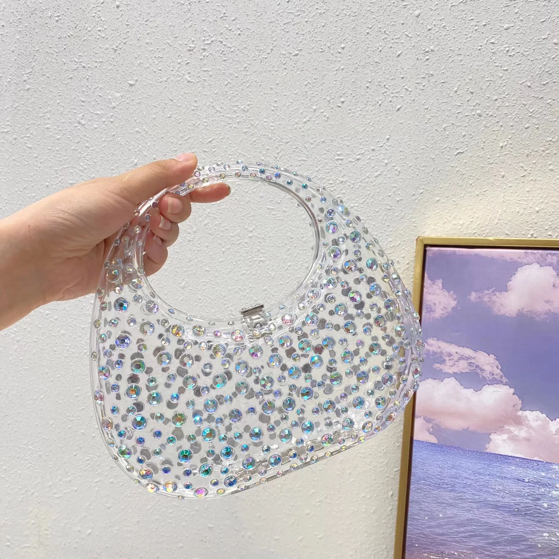 Clear Diamonds Evening Bags Acrylic Luxury Designer Women Handbags Rhinestone Wedding Purses Ladies Half Moon Crystal Clutch New