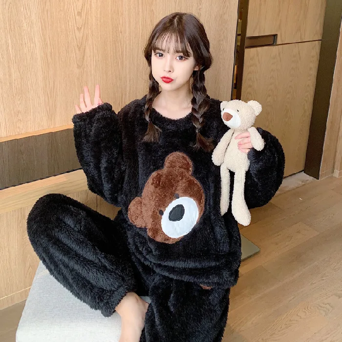 2024 Autumn Winter New Pajamas Women Long Sleeve Trousers Two-piece Flannel Thick and Fluffy Cartoon Bear Comfortable Home Wear