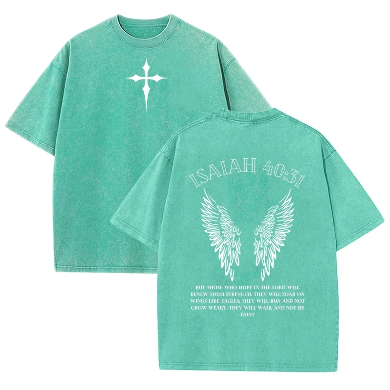 Bible Verse Isaiah 40:31 Print Vintage Washed Gray Christian Graphic T Shirt  traf men men clothing