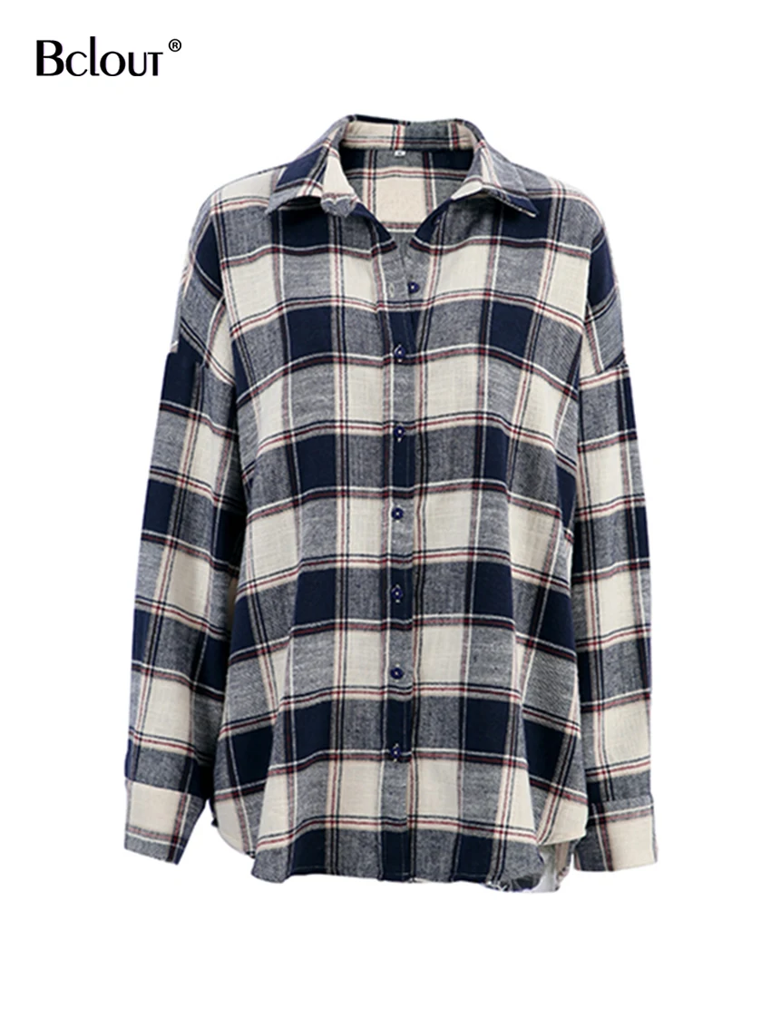 Bclout-Chemisiers à carreaux en coton vintage pour femmes, chemises de bureau à manches longues, streetwear à la mode, haut d\'hiver, 2024