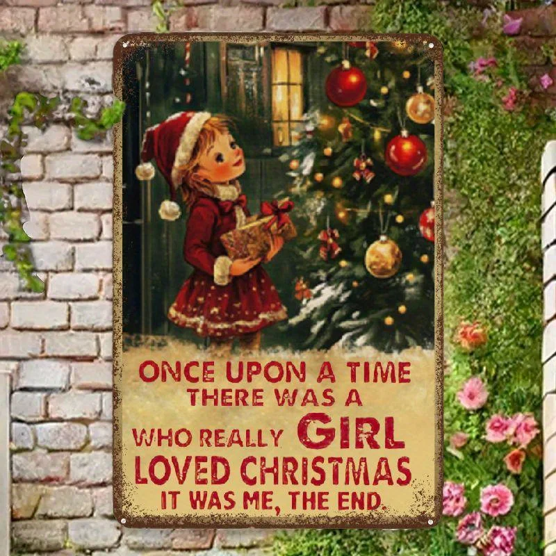 Vintage Christmas Tin Sign, Santa Claus & Girl, Festive Home Decor, Iron Metal Wall Art, Pre-drilled for Easy Hanging, with No