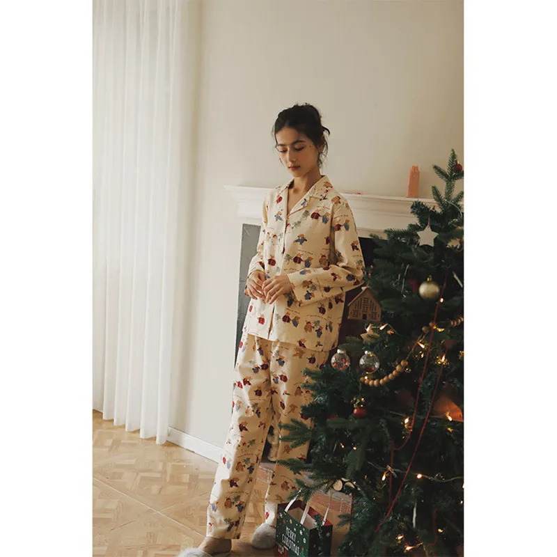 

Women Winter Full Sleeves Printed Cotton Sleepwear Sweet Turn-Down Collar Cardigan Pajama Sets Loose Christmas Loungewear PYJS