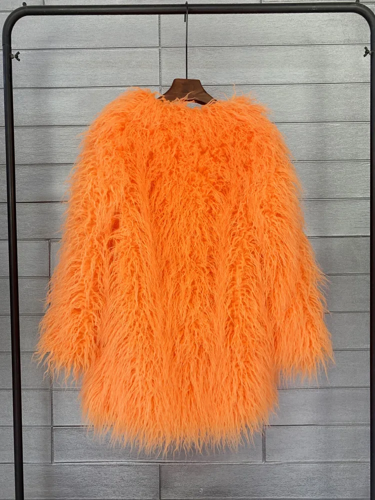 Mongolia Sheep Fur Women Medium Long Coat Jacket Colorful Warm Faux Fur Plush Coats Female Jacket Autumn Winter Furry Outerwear