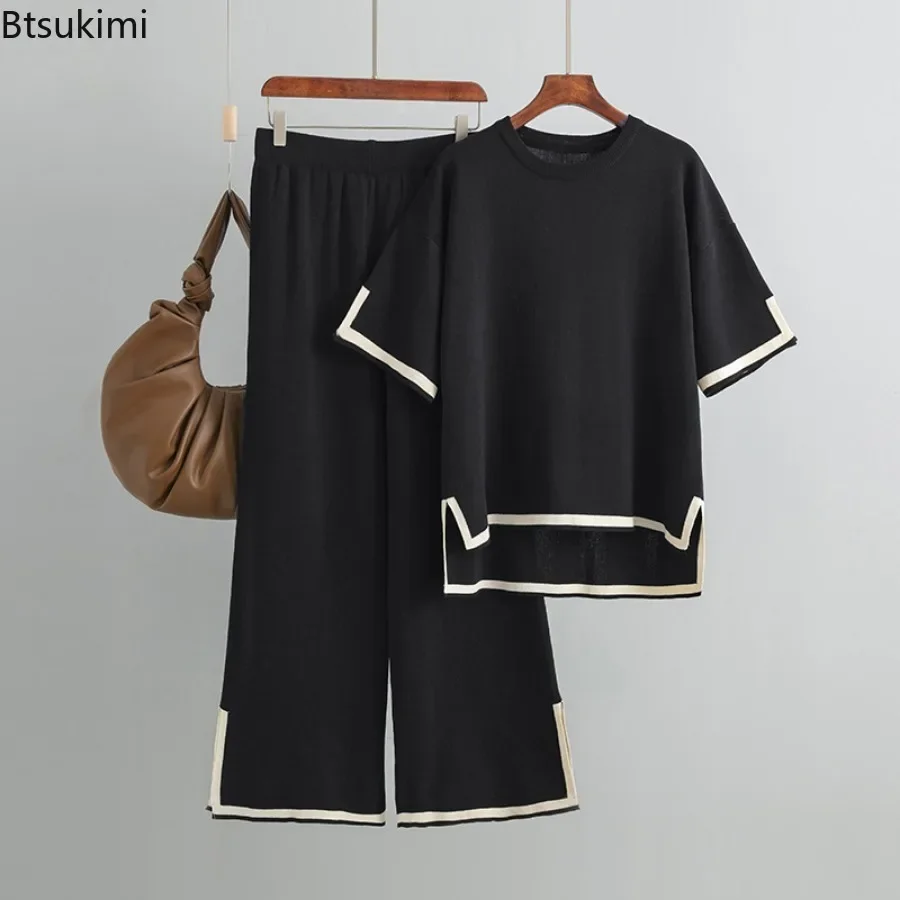 Haut à manches courtes et pantalon large taille haute pour femmes, ensembles de survêtement, col rond, mince, été, 2 pièces, 2025