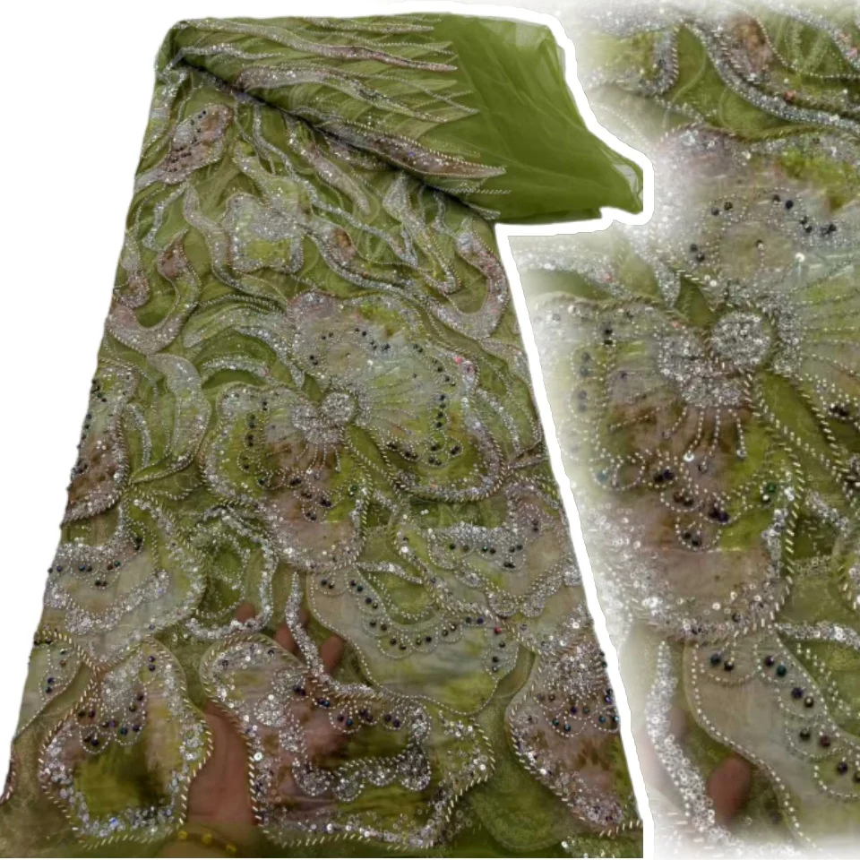 

African Beads Lace Fabrics Latest Sequin Lace Fabric 5 Yards High Quality Printed Fabric Fabric Nigerian Wedding Dress SZ1664