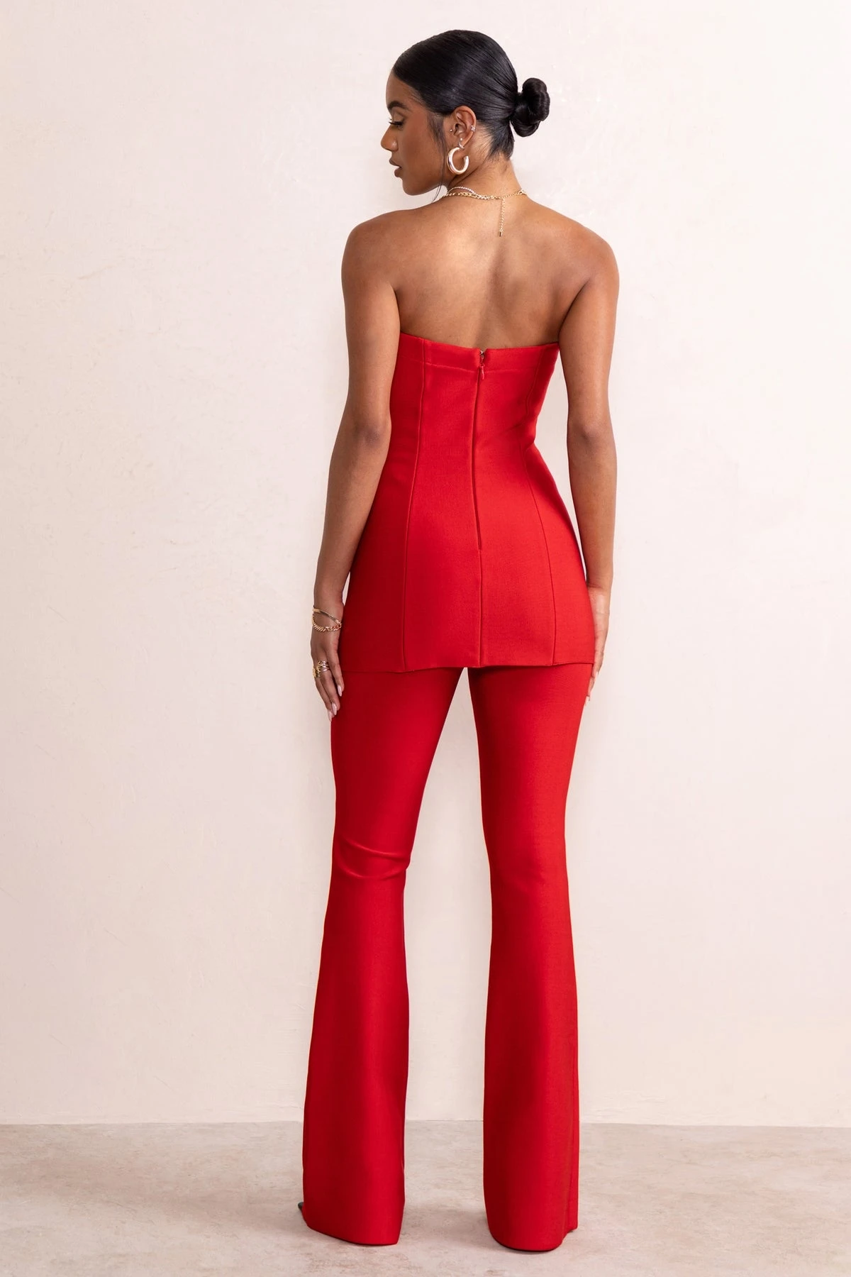 Red Mother of the Bride Pants Suits Strapless Backless Ladies Women Evening Party Blazer Wear Flared Trousers Sets 2 Pieces