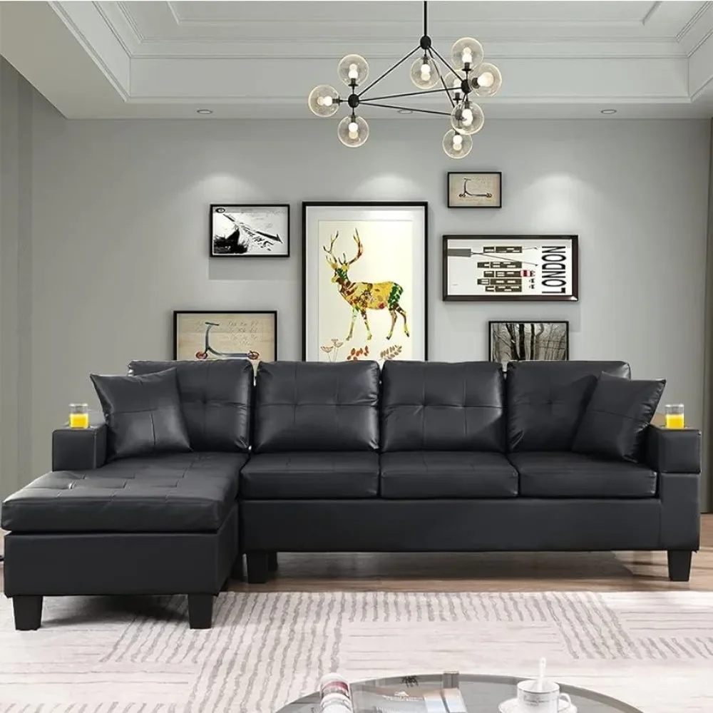 

PU Leather Upholstered Sofa,Cup Holder and Left or Right Hand Chaise Lounge Modern 4 Seater, Assemble Sofa,L Shaped Sofa