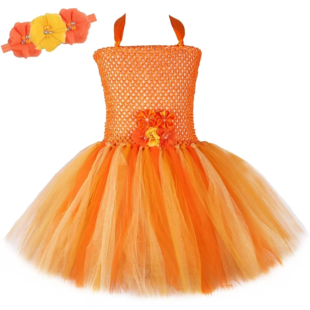 Orange Gold Flower Girls Tutu Dress Princess Girl Performance Birthday Party Dress Children Kids Halloween Pumpkin Costume 1-14Y