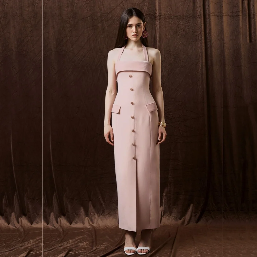 

Customized Jersey Button Halter Straight Midi Dresses Bespoke Occasion Homecoming Party Gown High Quality Elegant Simple Formal