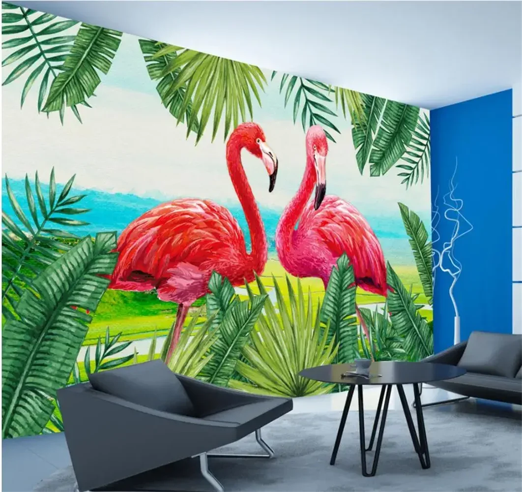 beibehang Scandinavian hand painted plant flamingo Photo Wallpaper 3D Ceiling Mural Living Room Restaurant Decor wall paper roll
