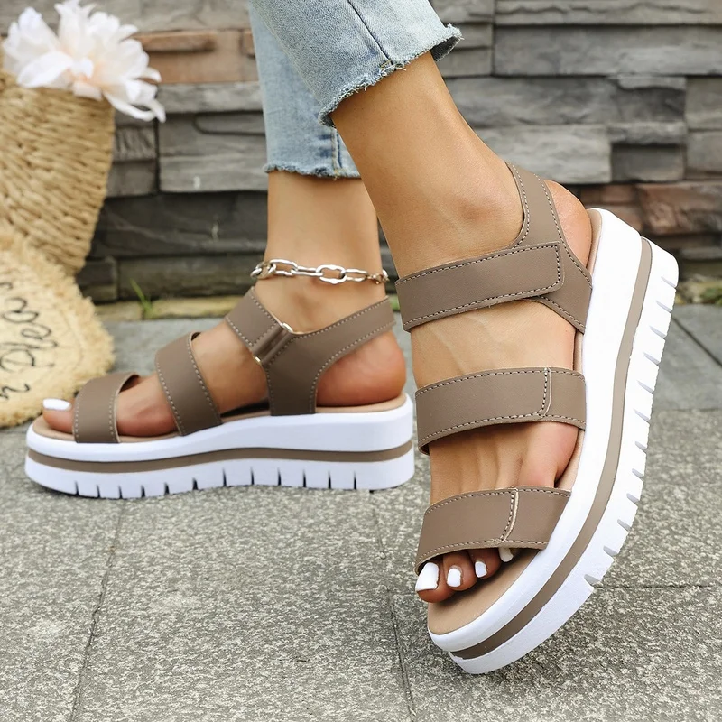 Women's Summer New Arrival Thick Heel Comfortable Casual Velcro Sandals Beach Flats Size 43