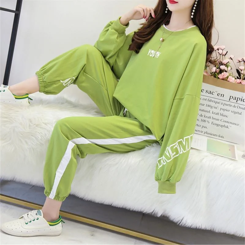 Women\'s 2023 New Spring And Autumn Sports Suit Large Korean Style Student Long Sleeve Hooded Tops And Pants Loose Two Piece Sets