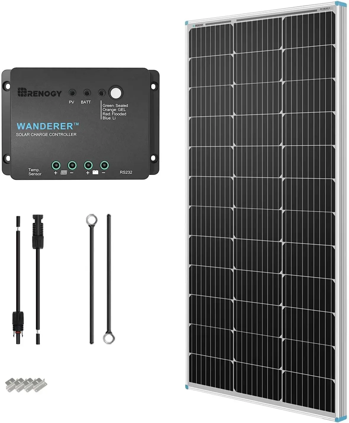 Renogy Kit Solar Premium 100 Watts 12 Volts Off Grid com Painel Solar Monocristalino e Controlador Rover MPPT 20A preto