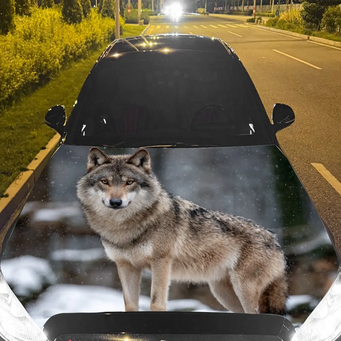 Car Decals A Wolf With Dominant And Striking Charm In A Nocturnal Highway Scene Car Hood Sticker, Waterproof Self - Adhesive Vin