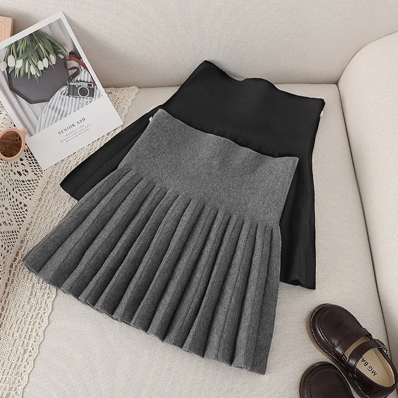 Children\'s Pleated Skirt for Girls Spring Autumn Winter Knitted Preppy Style Black Grey Skirt Clothes for Kids 4 To 14Years Old