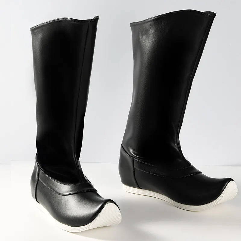 Ming Style Hanfu Black Leather Boots Upturned Toe Flat Sole Unisex