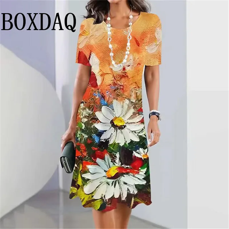 Fashion Womens Dresses 3D Pink Flowers Print Short Sleeve Clothes Elegant Loose Dress Summer Lady Sundress Vacation Dresses 2025