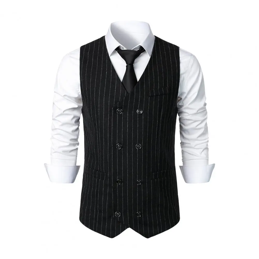 Men Vest Vintage Double Breasted Striped Suit Vest with Patch Pockets A Stylish Waistcoat for Weddings Business Attire