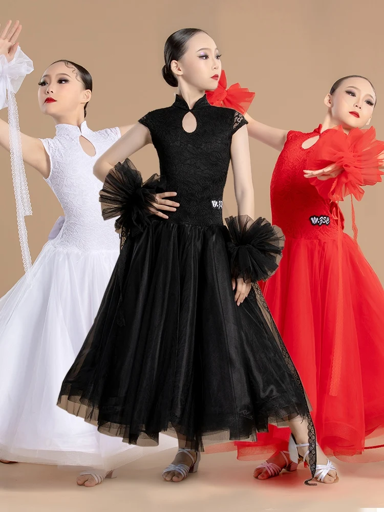 Red Ballroom Dance Competition Dress Girls Sleeveless Waltz Social Dance Dresses National Standard Dancing Costume VDL291